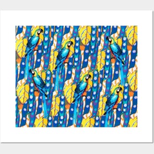 BLUE MACAWS ,YELLOW LEAVES,TROPICAL PLANTS FLORAL PATTERN Posters and Art